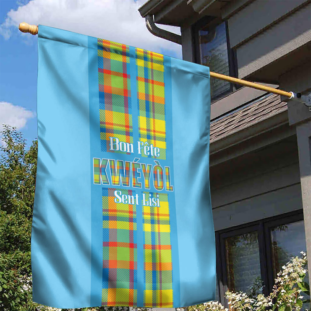 Bon Fete Kweyol Sent Lisi Garden Flag Saint Lucia Creole Day Madras Motifs Blue