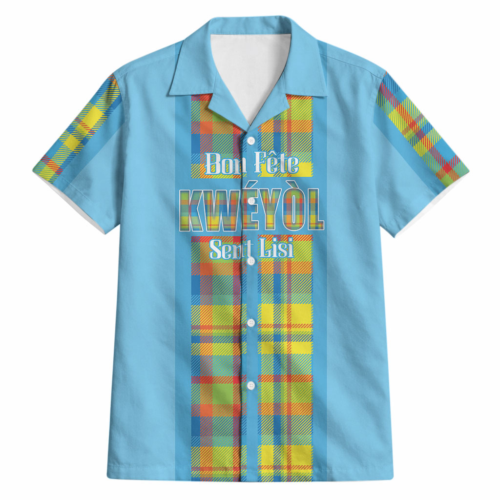 Personalized Bon Fete Kweyol Sent Lisi Hawaiian Shirt Saint Lucia Creole Day Madras Motifs Blue