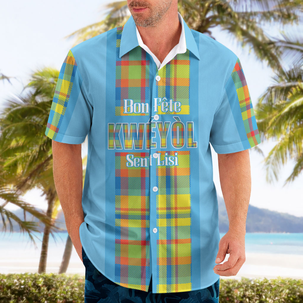 Personalized Bon Fete Kweyol Sent Lisi Hawaiian Shirt Saint Lucia Creole Day Madras Motifs Blue