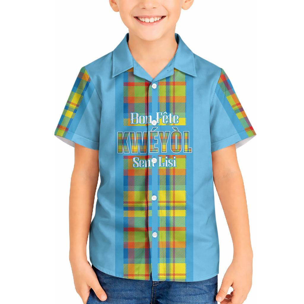 Personalized Bon Fete Kweyol Sent Lisi Hawaiian Shirt Saint Lucia Creole Day Madras Motifs Blue