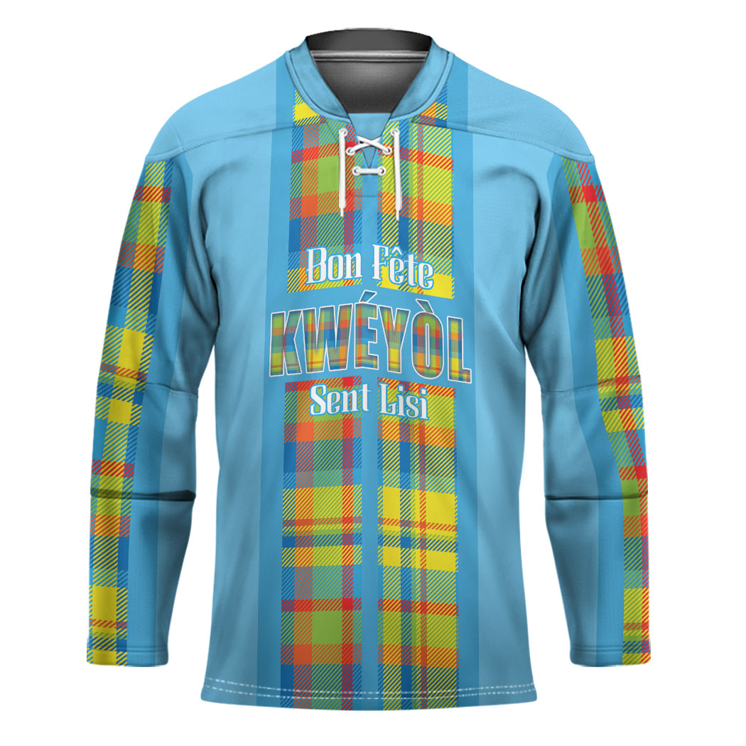 Personalized Bon Fete Kweyol Sent Lisi Hockey Jersey Saint Lucia Creole Day Madras Motifs Blue