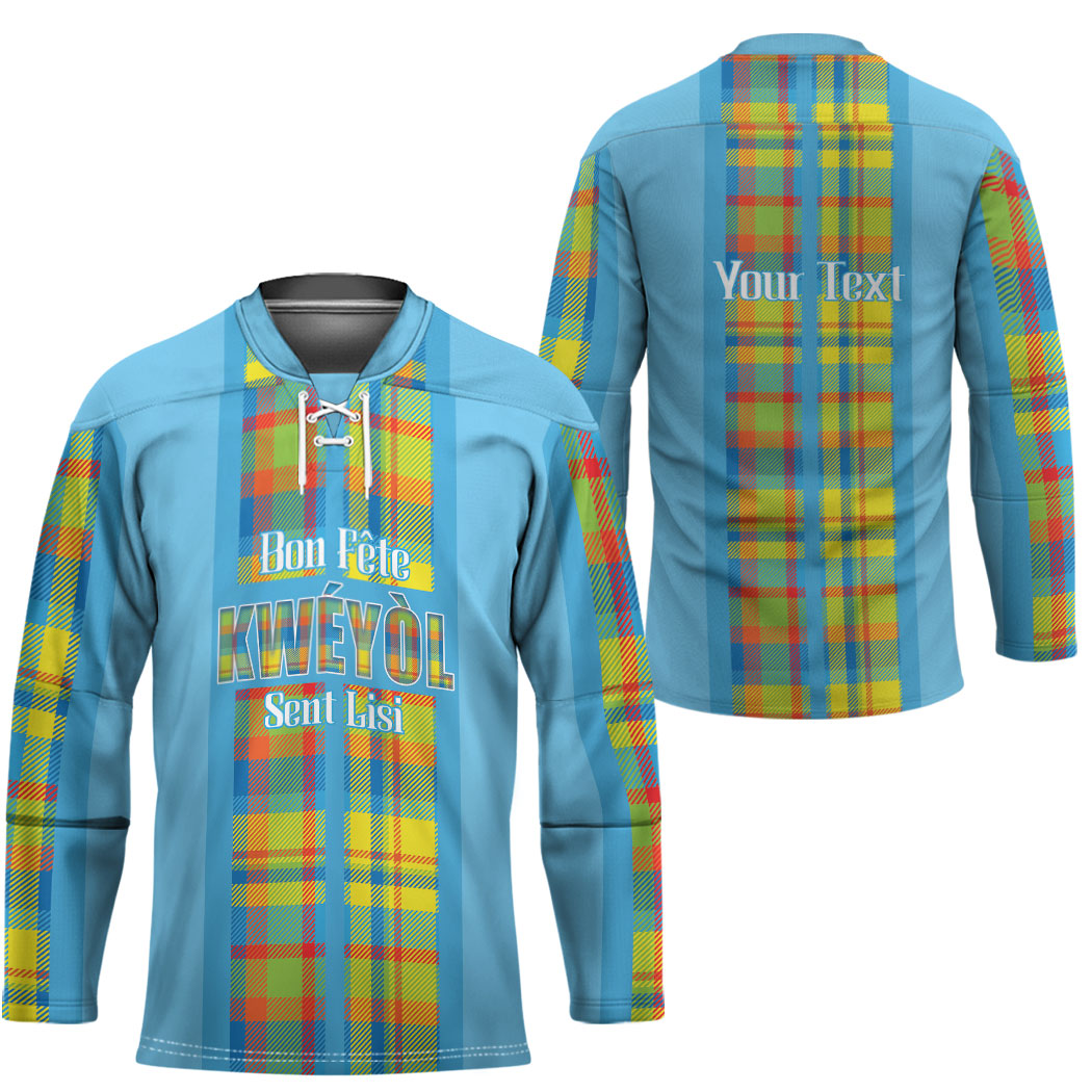 Personalized Bon Fete Kweyol Sent Lisi Hockey Jersey Saint Lucia Creole Day Madras Motifs Blue