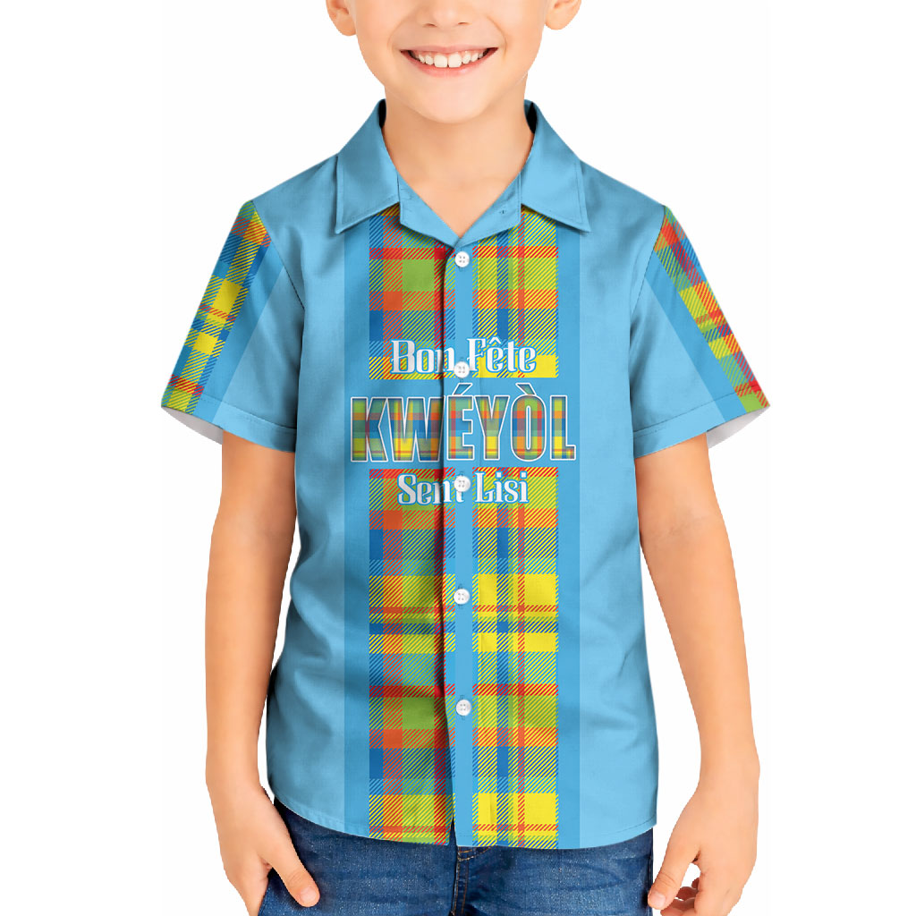 Personalized Bon Fete Kweyol Sent Lisi Kid Hawaiian Shirt Saint Lucia Creole Day Madras Motifs Blue