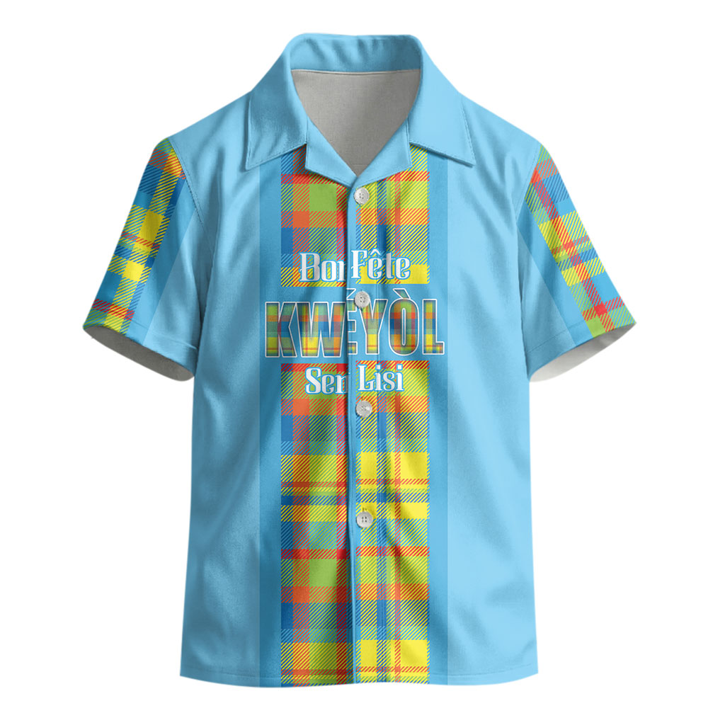 Personalized Bon Fete Kweyol Sent Lisi Kid Hawaiian Shirt Saint Lucia Creole Day Madras Motifs Blue