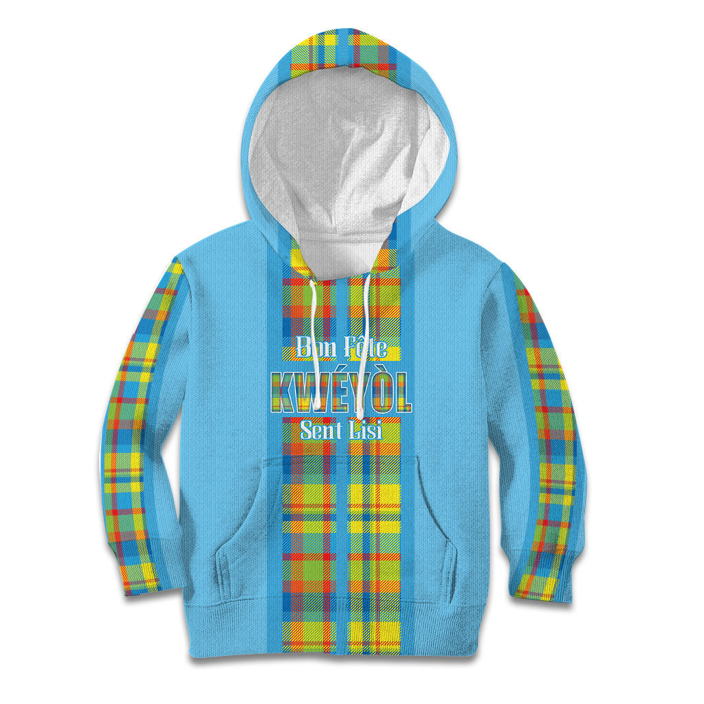 Personalized Bon Fete Kweyol Sent Lisi Kid Hoodie Saint Lucia Creole Day Madras Motifs Blue