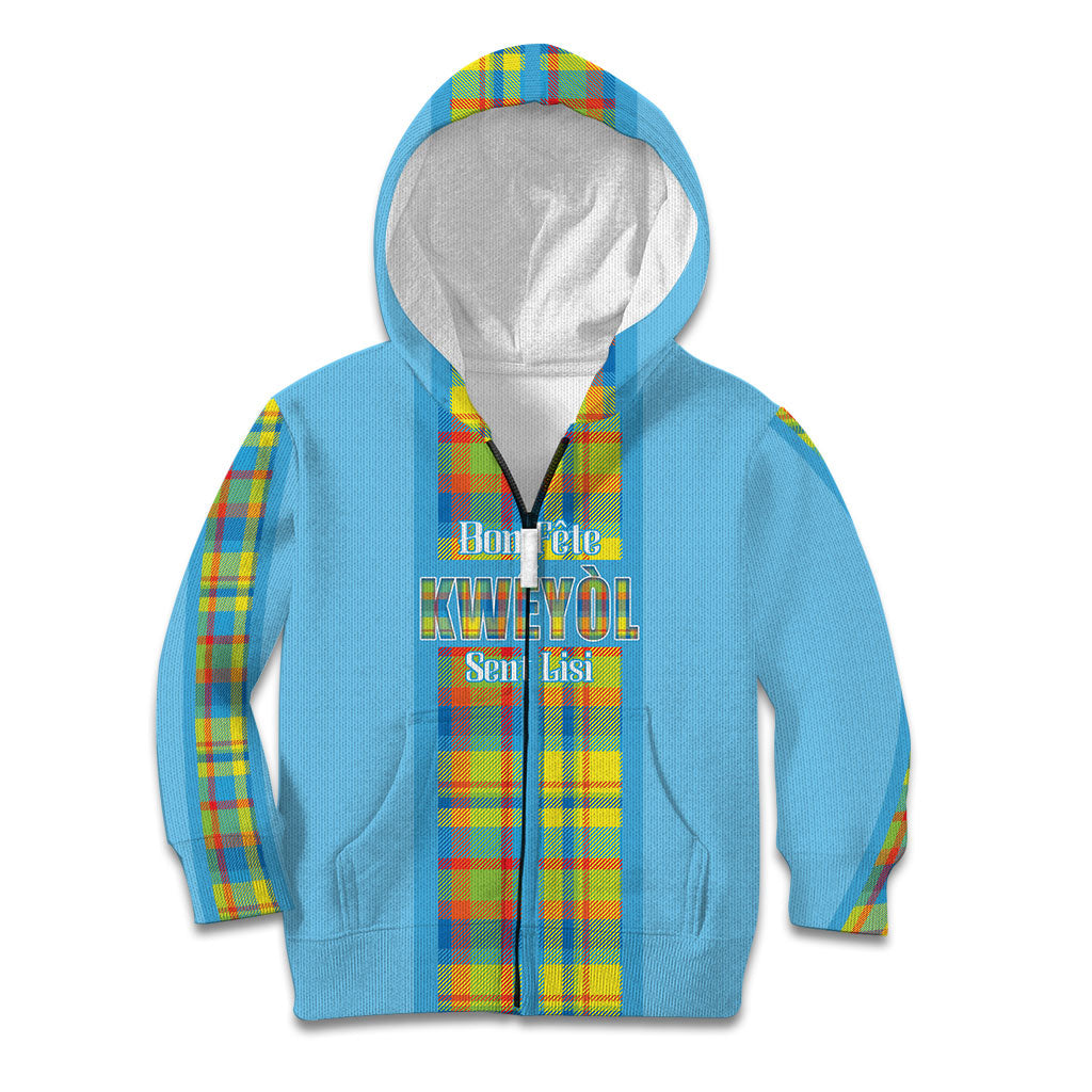 Personalized Bon Fete Kweyol Sent Lisi Kid Hoodie Saint Lucia Creole Day Madras Motifs Blue