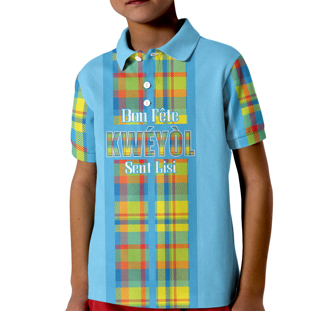 Personalized Bon Fete Kweyol Sent Lisi Kid Polo Shirt Saint Lucia Creole Day Madras Motifs Blue