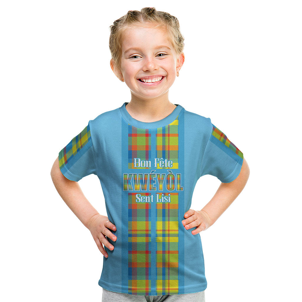 Personalized Bon Fete Kweyol Sent Lisi Kid T Shirt Saint Lucia Creole Day Madras Motifs Blue