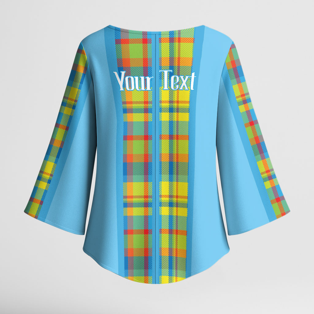 Personalized Bon Fete Kweyol Sent Lisi Kimono Sleeve Blouse Saint Lucia Creole Day Madras Motifs Blue