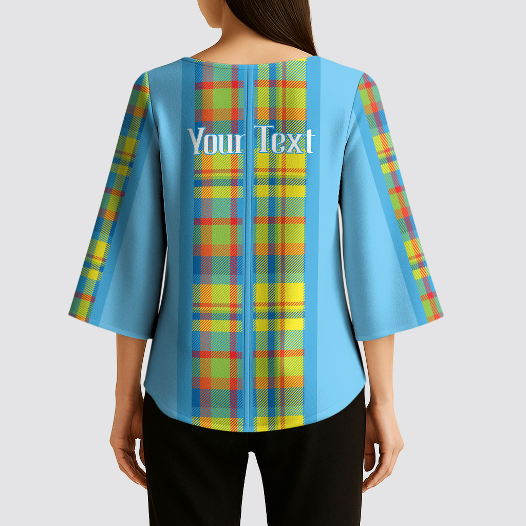 Personalized Bon Fete Kweyol Sent Lisi Kimono Sleeve Blouse Saint Lucia Creole Day Madras Motifs Blue
