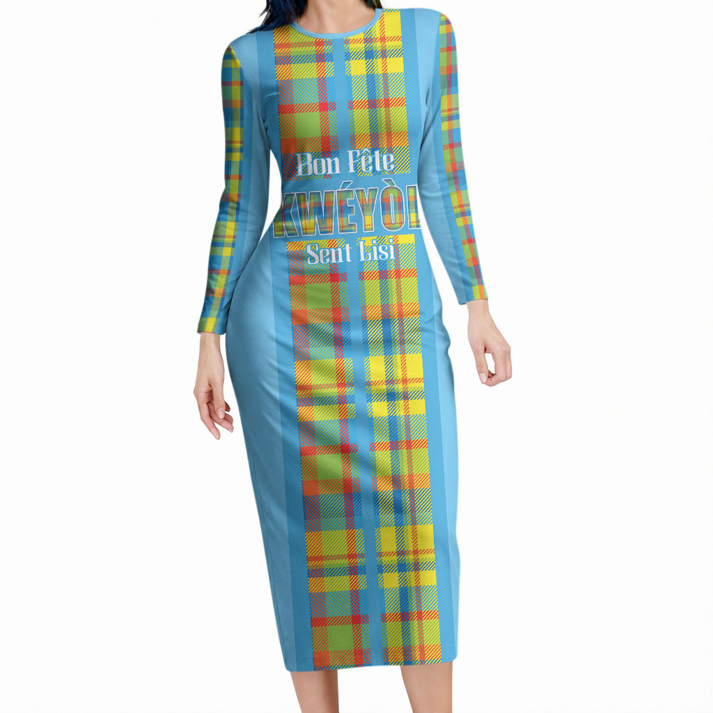 Personalized Bon Fete Kweyol Sent Lisi Long Sleeve Bodycon Dress Saint Lucia Creole Day Madras Motifs Blue