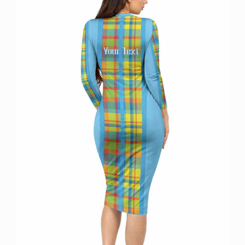 Personalized Bon Fete Kweyol Sent Lisi Long Sleeve Bodycon Dress Saint Lucia Creole Day Madras Motifs Blue