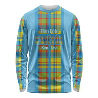 Personalized Bon Fete Kweyol Sent Lisi Long Sleeve Shirt Saint Lucia Creole Day Madras Motifs Blue