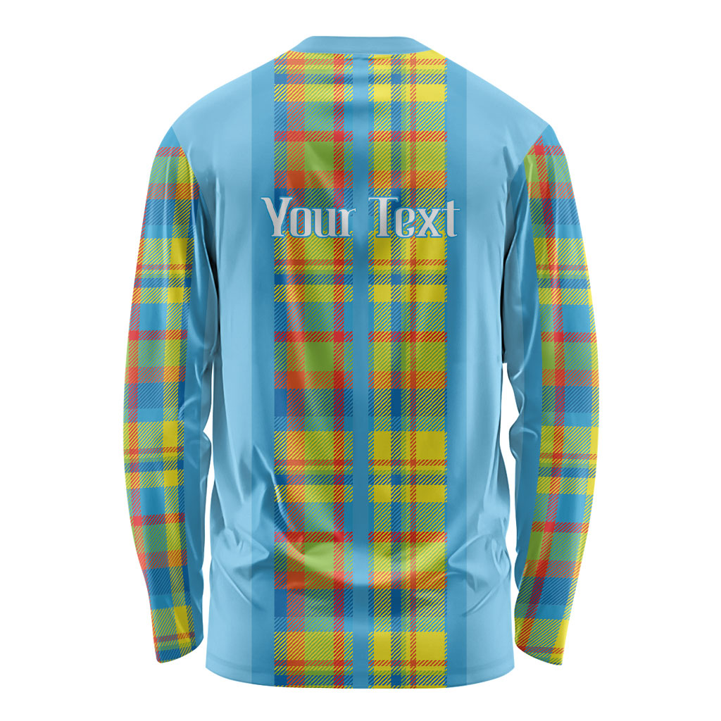 Personalized Bon Fete Kweyol Sent Lisi Long Sleeve Shirt Saint Lucia Creole Day Madras Motifs Blue