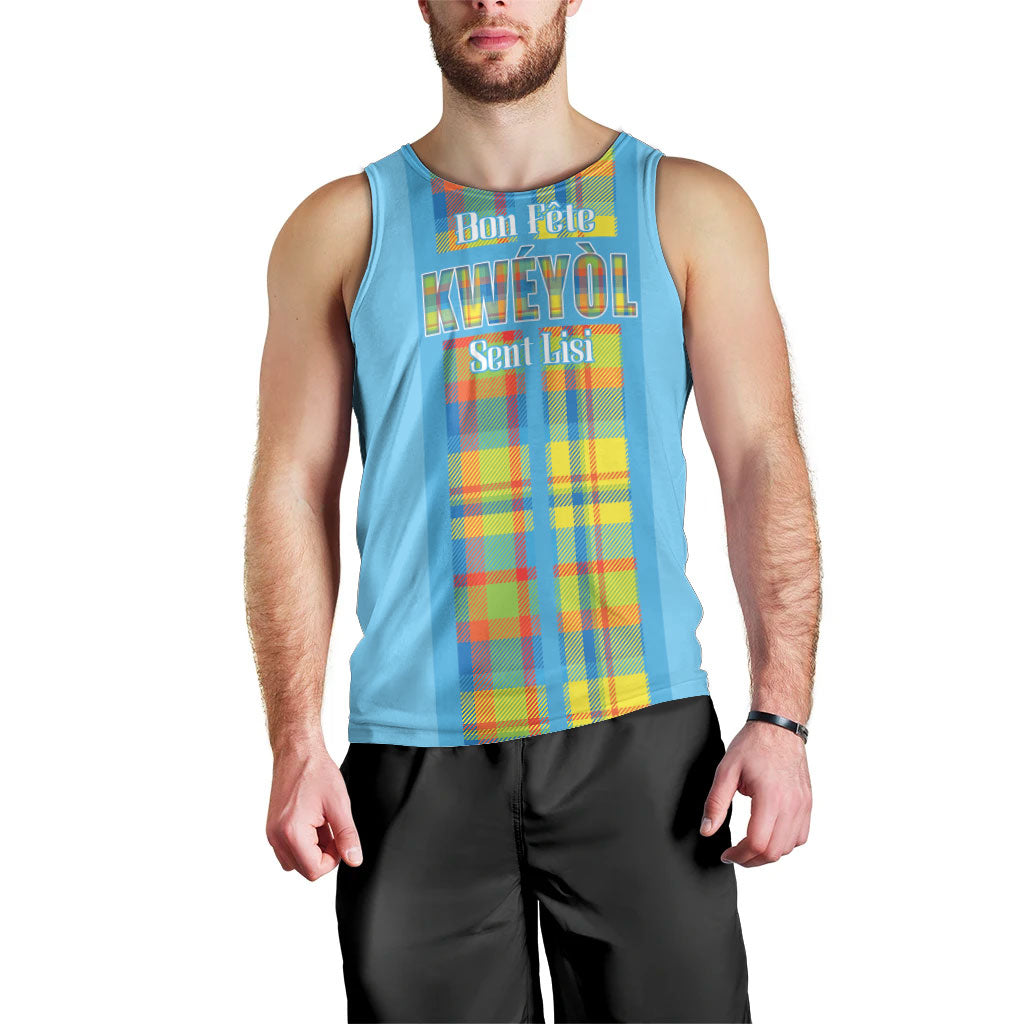 Personalized Bon Fete Kweyol Sent Lisi Men Tank Top Saint Lucia Creole Day Madras Motifs Blue