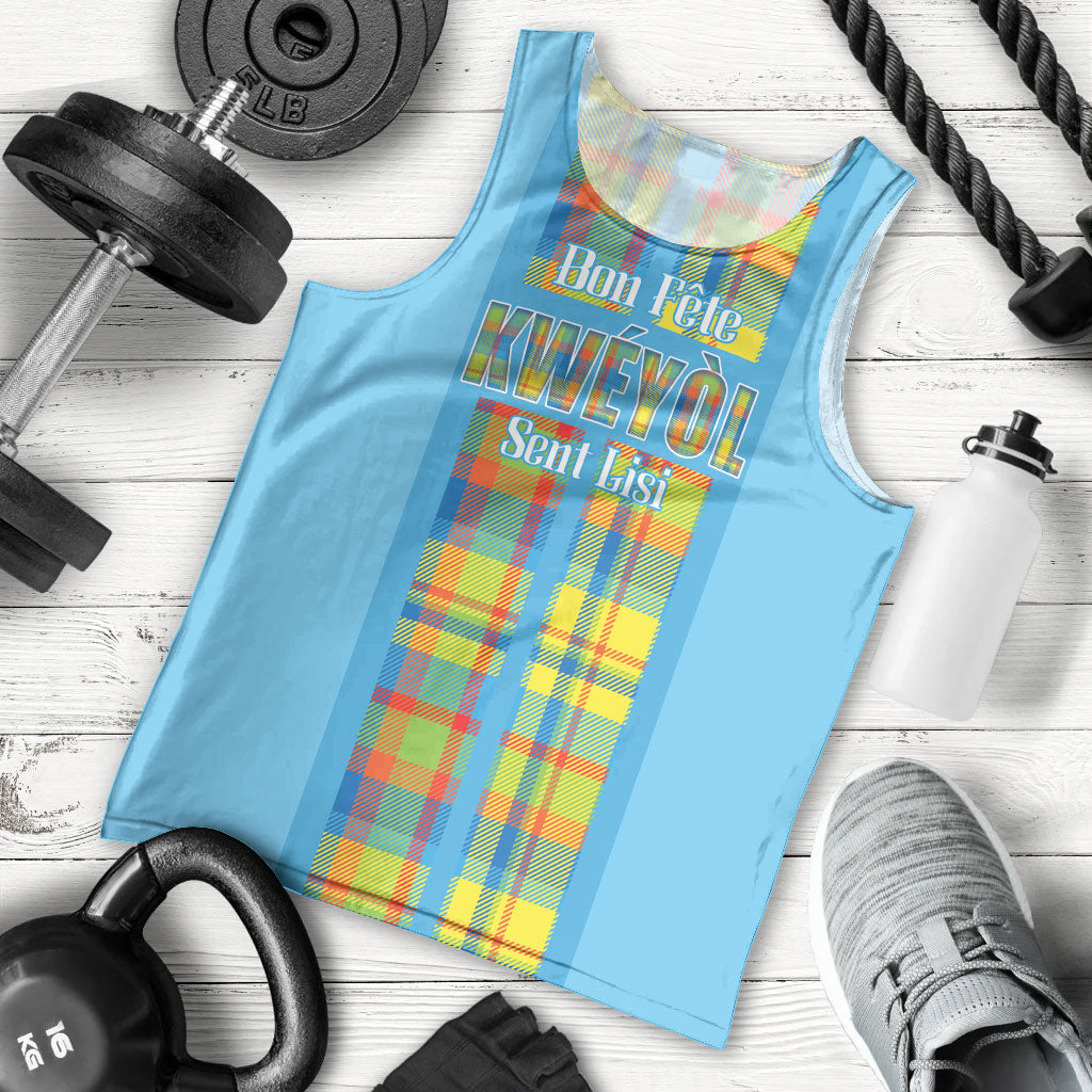 Personalized Bon Fete Kweyol Sent Lisi Men Tank Top Saint Lucia Creole Day Madras Motifs Blue