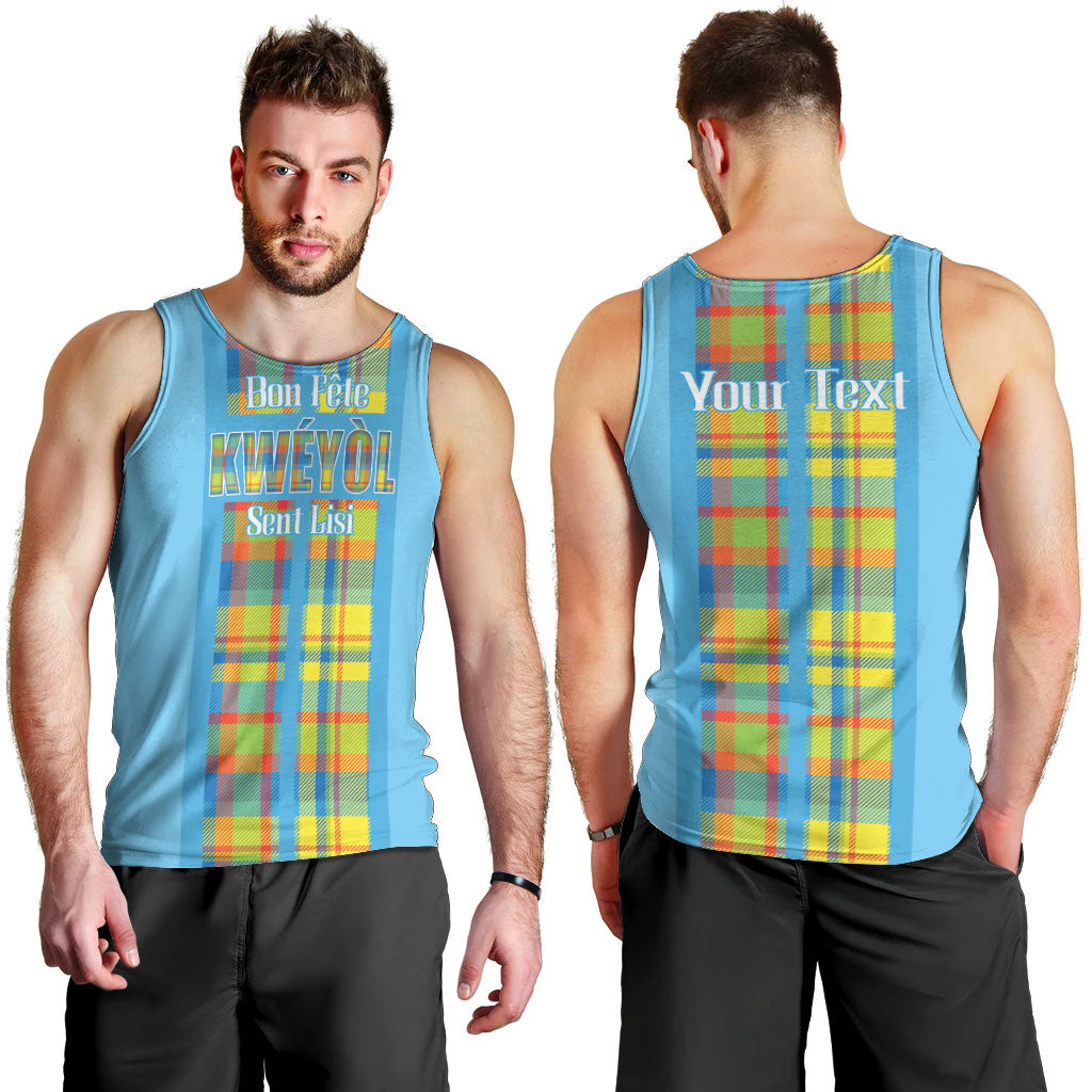 Personalized Bon Fete Kweyol Sent Lisi Men Tank Top Saint Lucia Creole Day Madras Motifs Blue