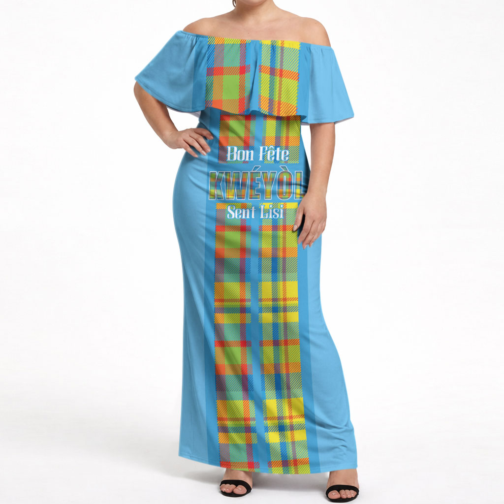 Personalized Bon Fete Kweyol Sent Lisi Off Shoulder Maxi Dress Saint Lucia Creole Day Madras Motifs Blue