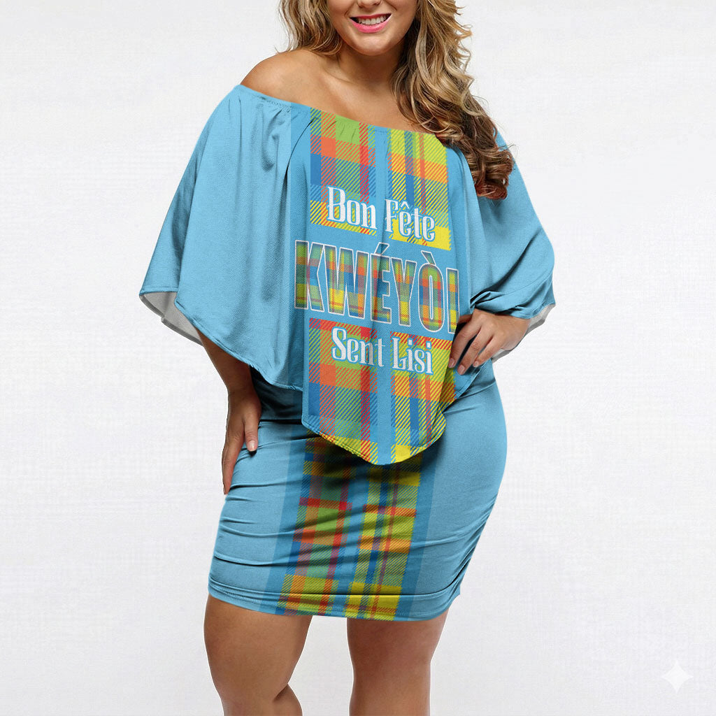 Personalized Bon Fete Kweyol Sent Lisi Off Shoulder Short Dress Saint Lucia Creole Day Madras Motifs Blue