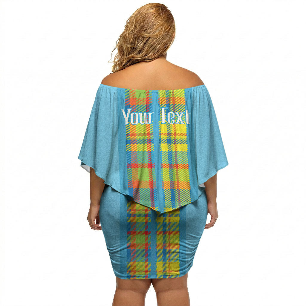 Personalized Bon Fete Kweyol Sent Lisi Off Shoulder Short Dress Saint Lucia Creole Day Madras Motifs Blue