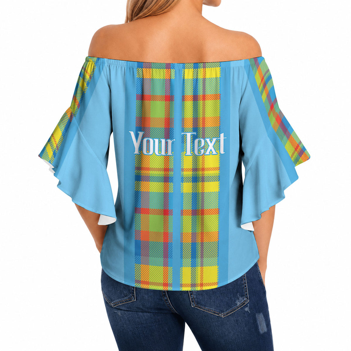 Personalized Bon Fete Kweyol Sent Lisi Off Shoulder Wrap Waist Top Saint Lucia Creole Day Madras Motifs Blue