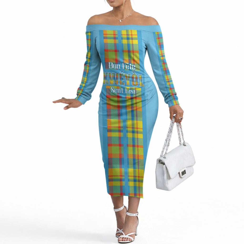 Personalized Bon Fete Kweyol Sent Lisi Off The Shoulder Long Sleeve Dress Saint Lucia Creole Day Madras Motifs Blue