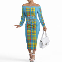 Personalized Bon Fete Kweyol Sent Lisi Off The Shoulder Long Sleeve Dress Saint Lucia Creole Day Madras Motifs Blue