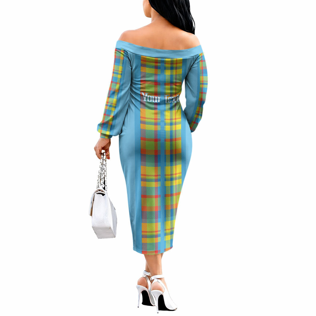Personalized Bon Fete Kweyol Sent Lisi Off The Shoulder Long Sleeve Dress Saint Lucia Creole Day Madras Motifs Blue