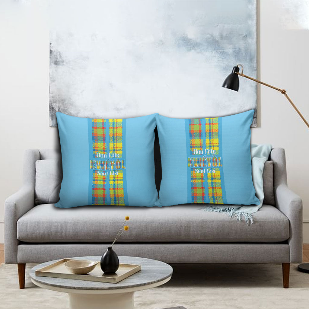 Bon Fete Kweyol Sent Lisi Pillow Cover Saint Lucia Creole Day Madras Motifs Blue