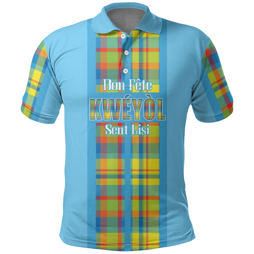 Personalized Bon Fete Kweyol Sent Lisi Polo Shirt Saint Lucia Creole Day Madras Motifs Blue
