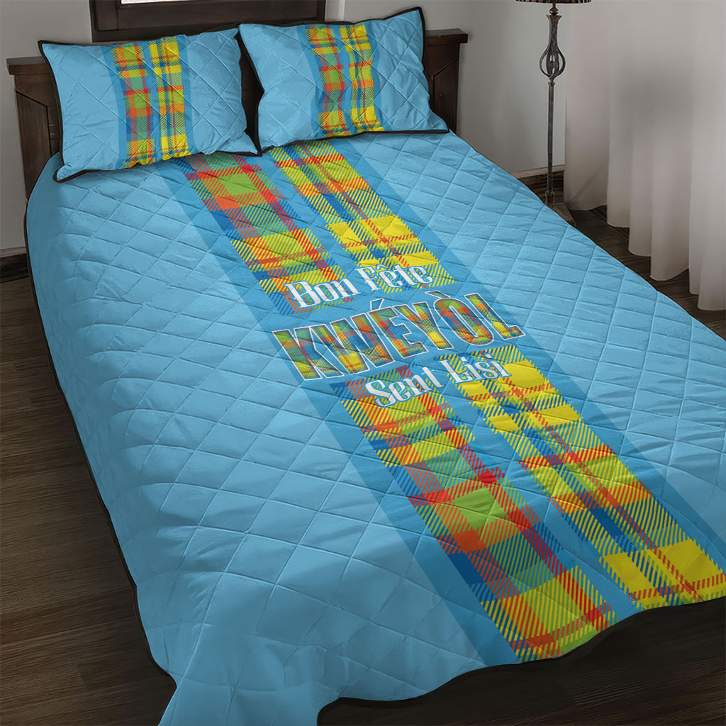 Bon Fete Kweyol Sent Lisi Quilt Bed Set Saint Lucia Creole Day Madras Motifs Blue