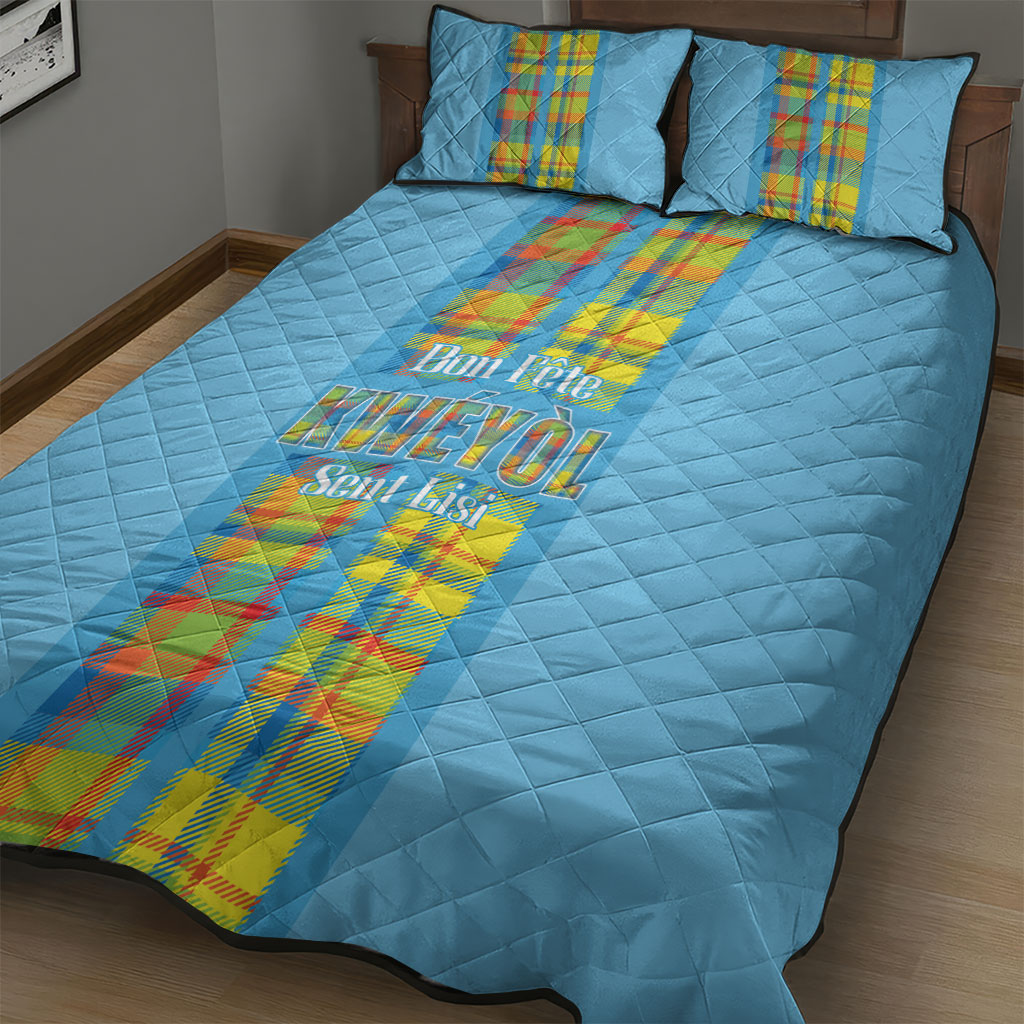 Bon Fete Kweyol Sent Lisi Quilt Bed Set Saint Lucia Creole Day Madras Motifs Blue