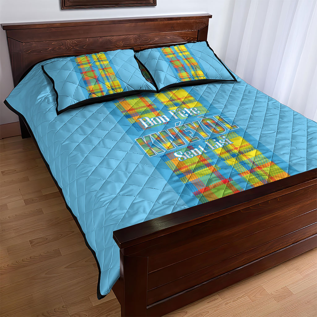 Bon Fete Kweyol Sent Lisi Quilt Bed Set Saint Lucia Creole Day Madras Motifs Blue