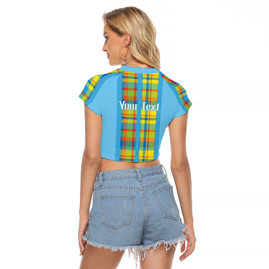 Personalized Bon Fete Kweyol Sent Lisi Raglan Cropped T Shirt Saint Lucia Creole Day Madras Motifs Blue