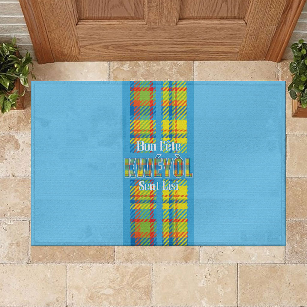 Bon Fete Kweyol Sent Lisi Rubber Doormat Saint Lucia Creole Day Madras Motifs Blue