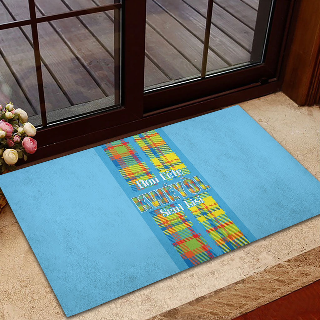Bon Fete Kweyol Sent Lisi Rubber Doormat Saint Lucia Creole Day Madras Motifs Blue