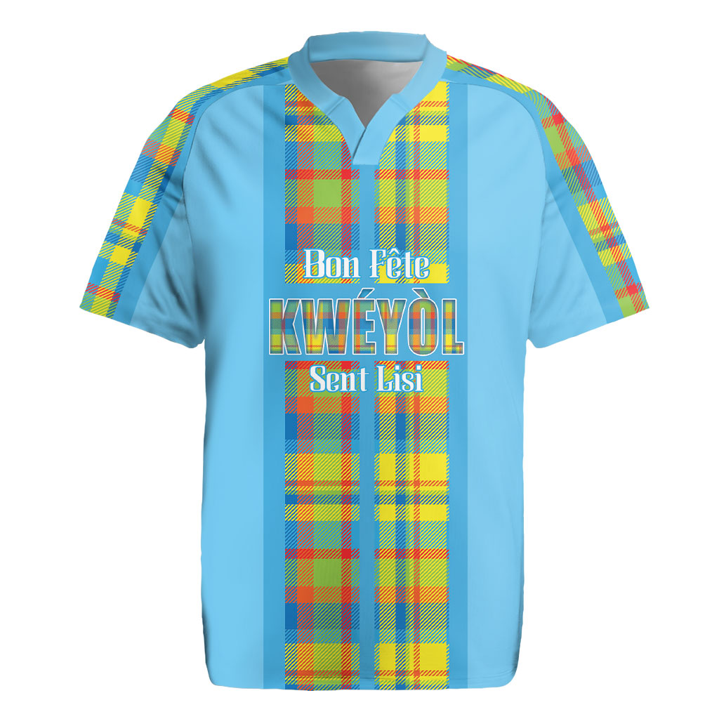 Personalized Bon Fete Kweyol Sent Lisi Rugby Jersey Saint Lucia Creole Day Madras Motifs Blue