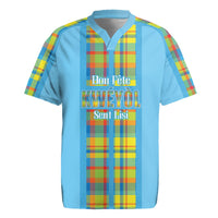 Personalized Bon Fete Kweyol Sent Lisi Rugby Jersey Saint Lucia Creole Day Madras Motifs Blue