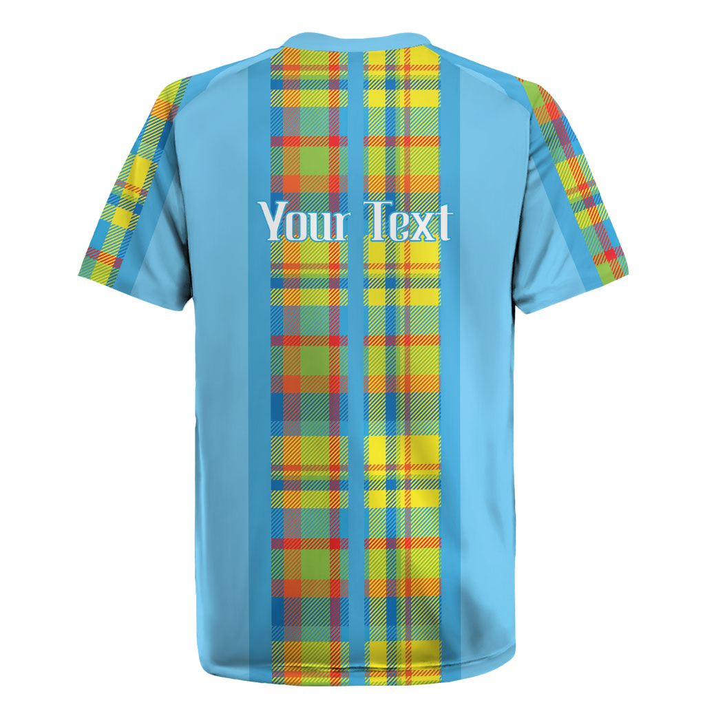 Personalized Bon Fete Kweyol Sent Lisi Rugby Jersey Saint Lucia Creole Day Madras Motifs Blue