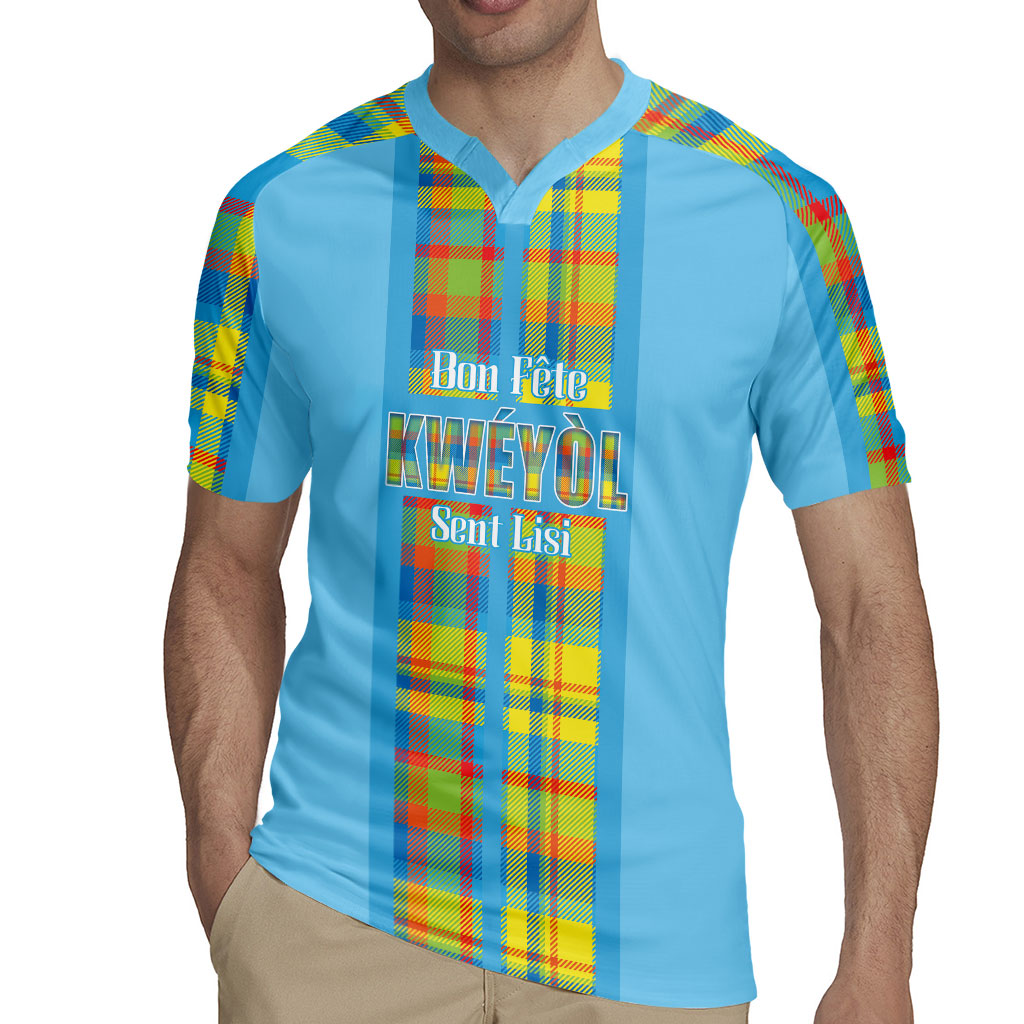 Personalized Bon Fete Kweyol Sent Lisi Rugby Jersey Saint Lucia Creole Day Madras Motifs Blue