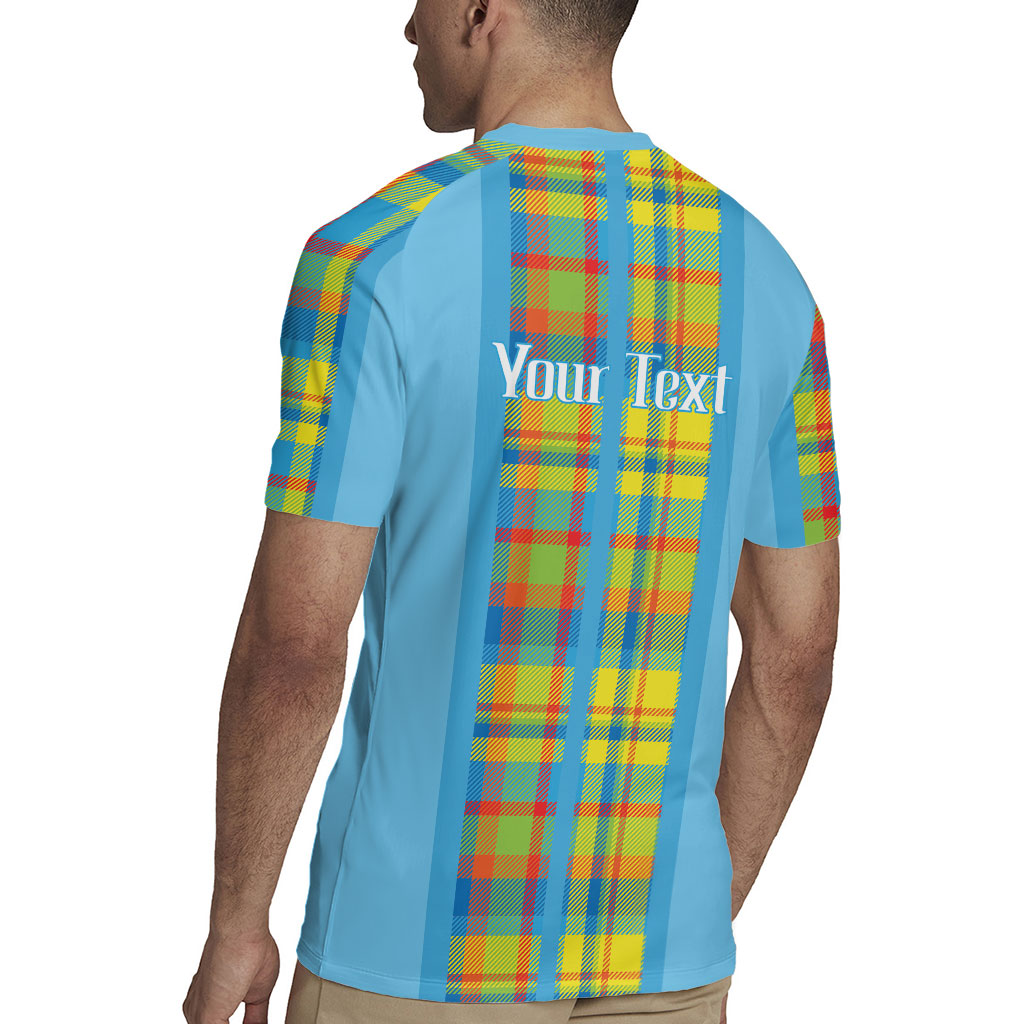 Personalized Bon Fete Kweyol Sent Lisi Rugby Jersey Saint Lucia Creole Day Madras Motifs Blue