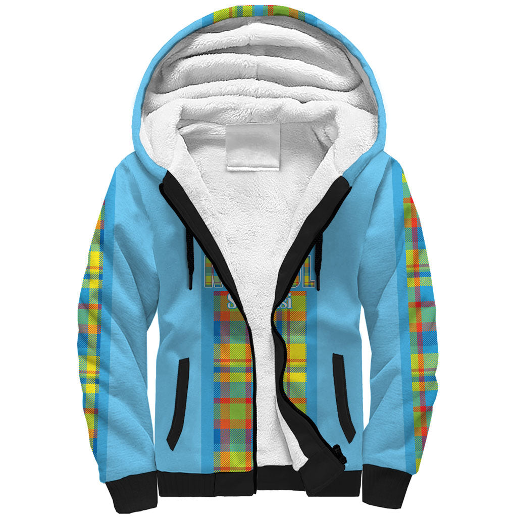 Personalized Bon Fete Kweyol Sent Lisi Sherpa Hoodie Saint Lucia Creole Day Madras Motifs Blue