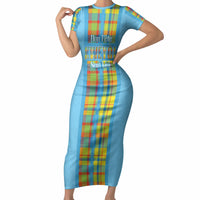 Personalized Bon Fete Kweyol Sent Lisi Short Sleeve Bodycon Dress Saint Lucia Creole Day Madras Motifs Blue