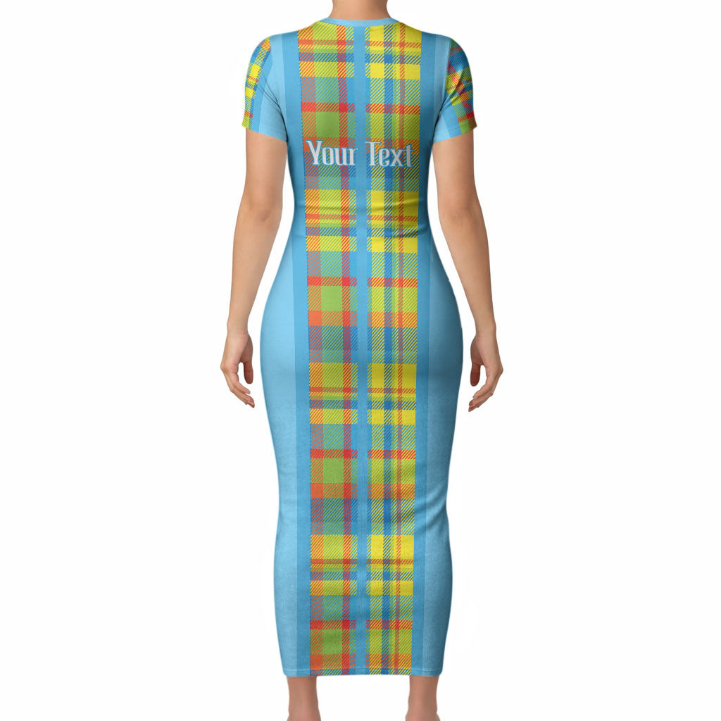 Personalized Bon Fete Kweyol Sent Lisi Short Sleeve Bodycon Dress Saint Lucia Creole Day Madras Motifs Blue