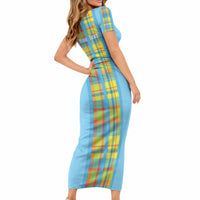Personalized Bon Fete Kweyol Sent Lisi Short Sleeve Bodycon Dress Saint Lucia Creole Day Madras Motifs Blue