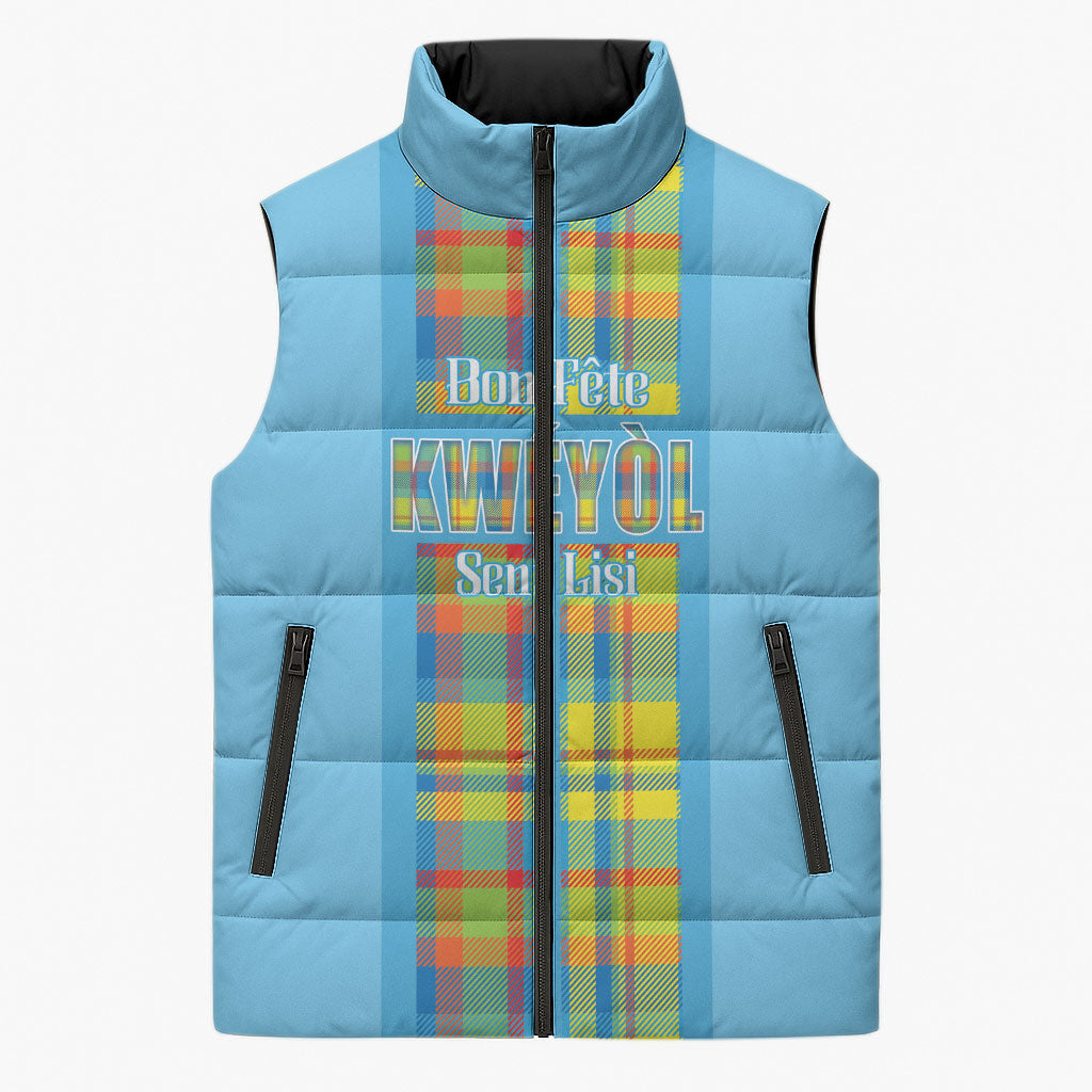 Personalized Bon Fete Kweyol Sent Lisi Sleeveless Puffer Jacket Saint Lucia Creole Day Madras Motifs Blue