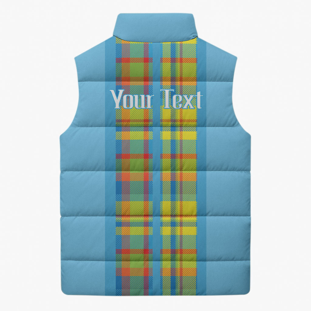 Personalized Bon Fete Kweyol Sent Lisi Sleeveless Puffer Jacket Saint Lucia Creole Day Madras Motifs Blue