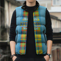 Personalized Bon Fete Kweyol Sent Lisi Sleeveless Puffer Jacket Saint Lucia Creole Day Madras Motifs Blue