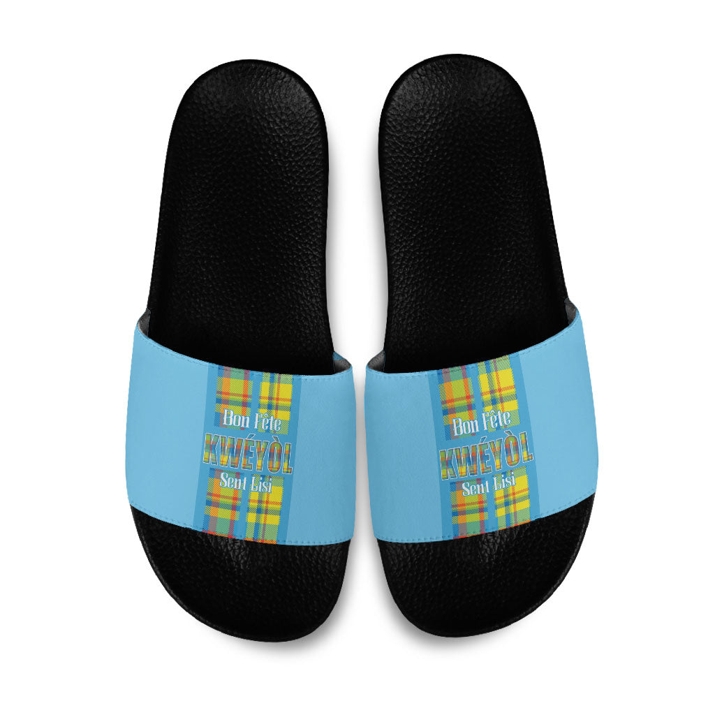 Bon Fete Kweyol Sent Lisi Slide Sandals Saint Lucia Creole Day Madras Motifs Blue