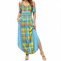 Personalized Bon Fete Kweyol Sent Lisi Summer Maxi Dress Saint Lucia Creole Day Madras Motifs Blue